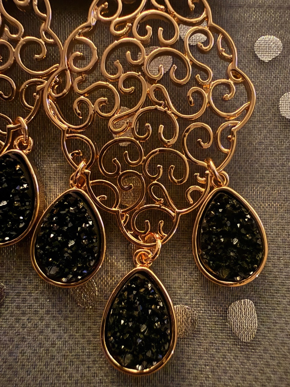 Lane Bryant Gold Filigree Chandelier Earrings with Black Teardrops - Picture 3 of 4